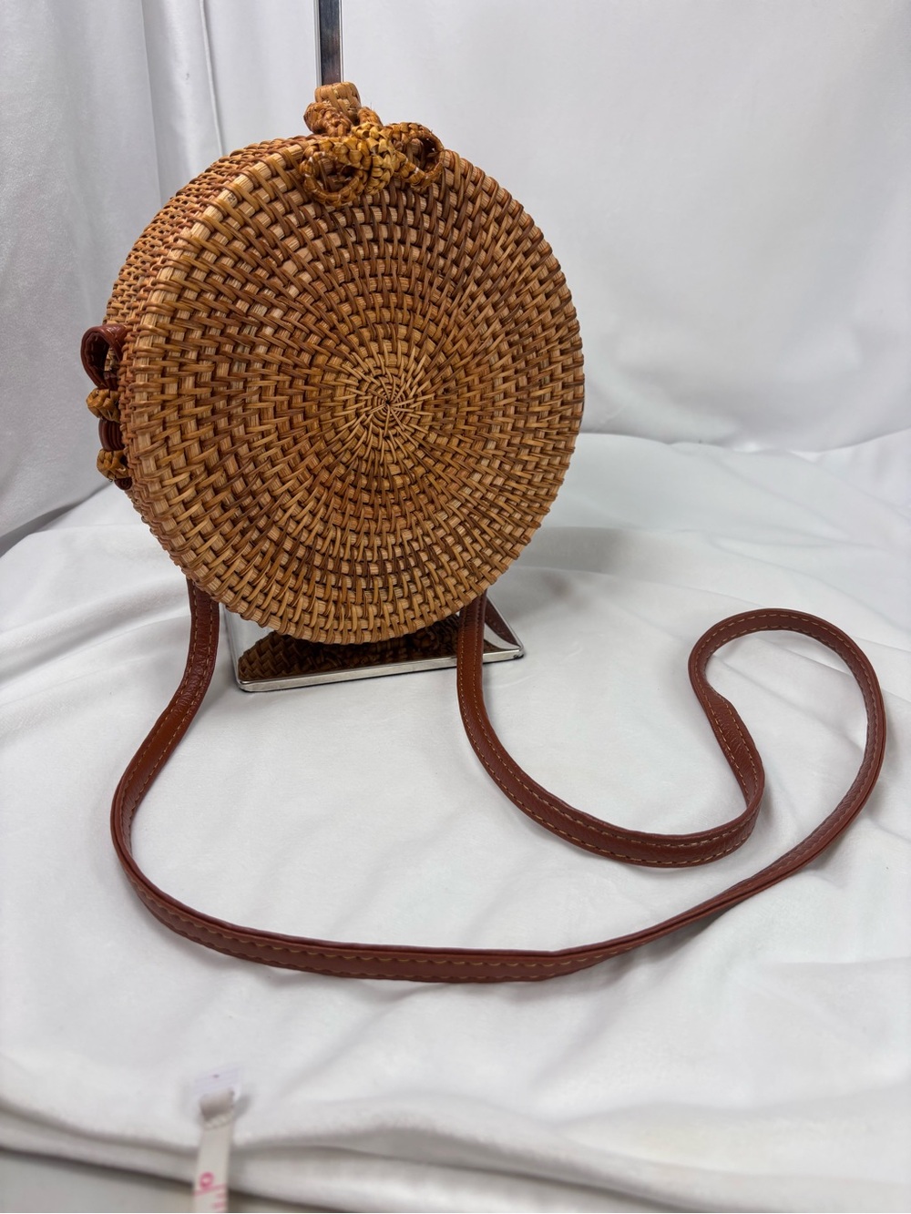 Round Rattan Crossbody Bag | Boho Woven Straw Purse Bali Bag w/ leather Strap - Picture 5 of 8